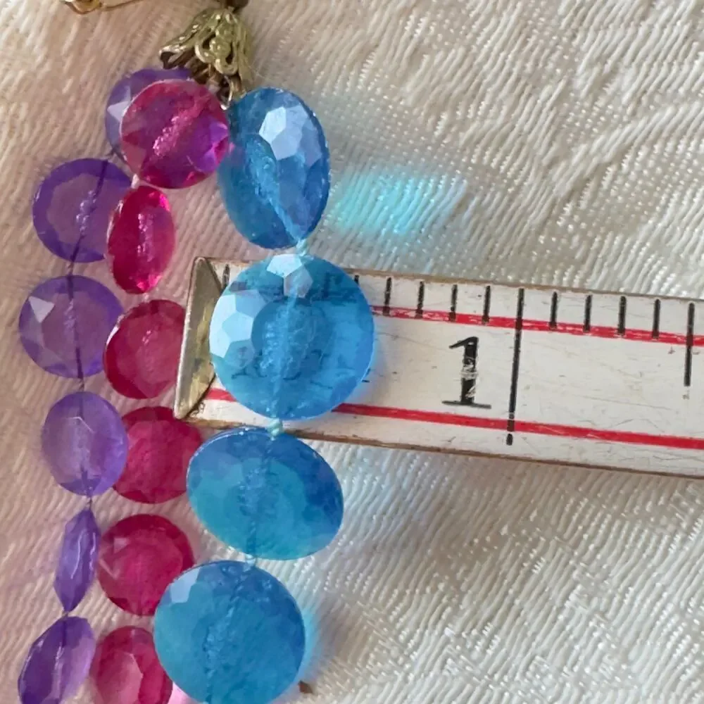 50” Unicorn Lucite Disc Bead Multi Strand Necklace Pink Blue Purple Vintage